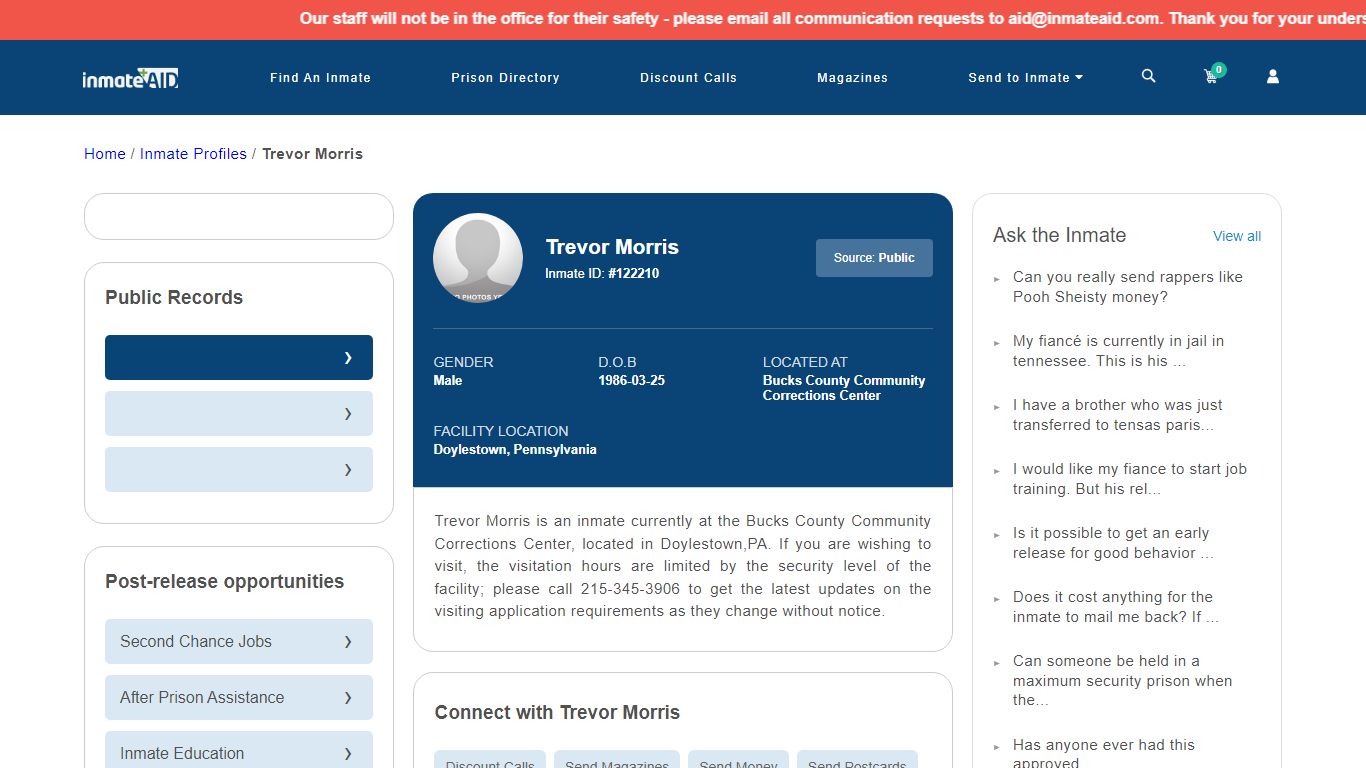 Inmate Search: Trevor Morris 122210, Doylestown, Pennsylvania
