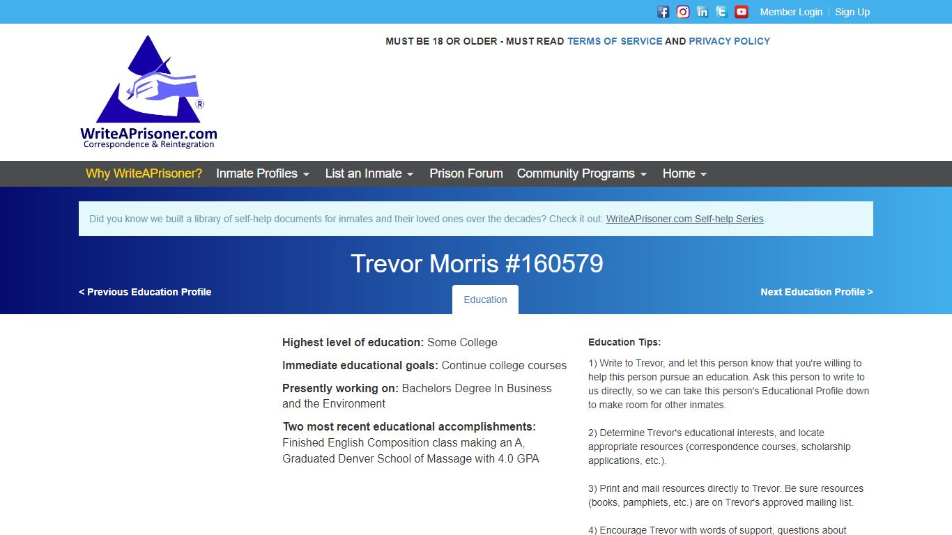 Trevor Morris #160579 Education Profile | WriteAPrisoner.com
